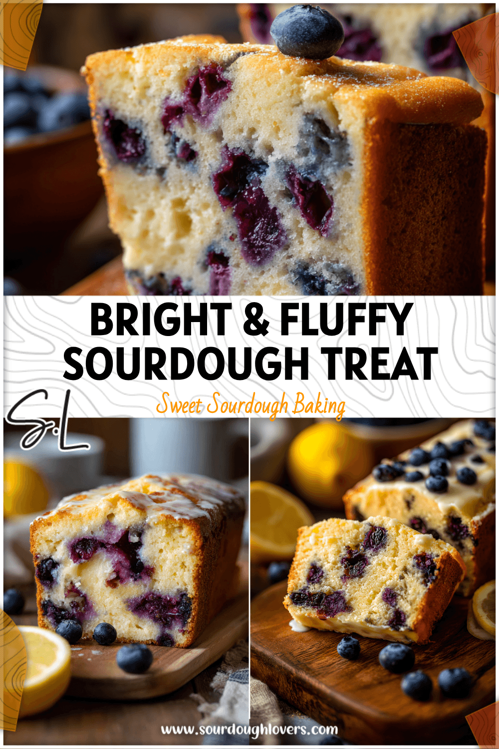 Soft lemon blueberry sourdough breakfast cake slice showing fluffy texture and bursts of blueberries. 26